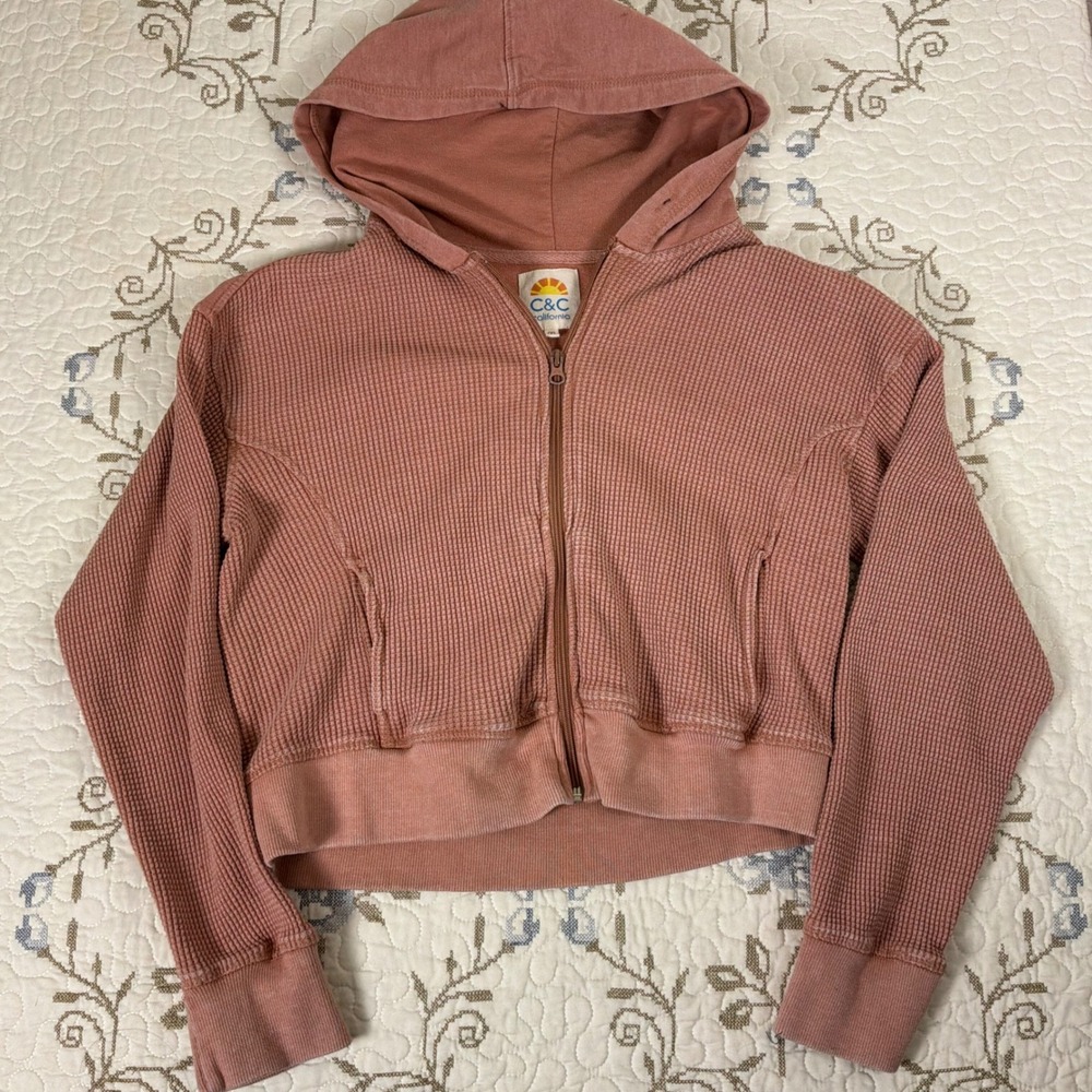 C&C California Hoodie Women Medium Pink Excellent Waffle Knit Zip Up